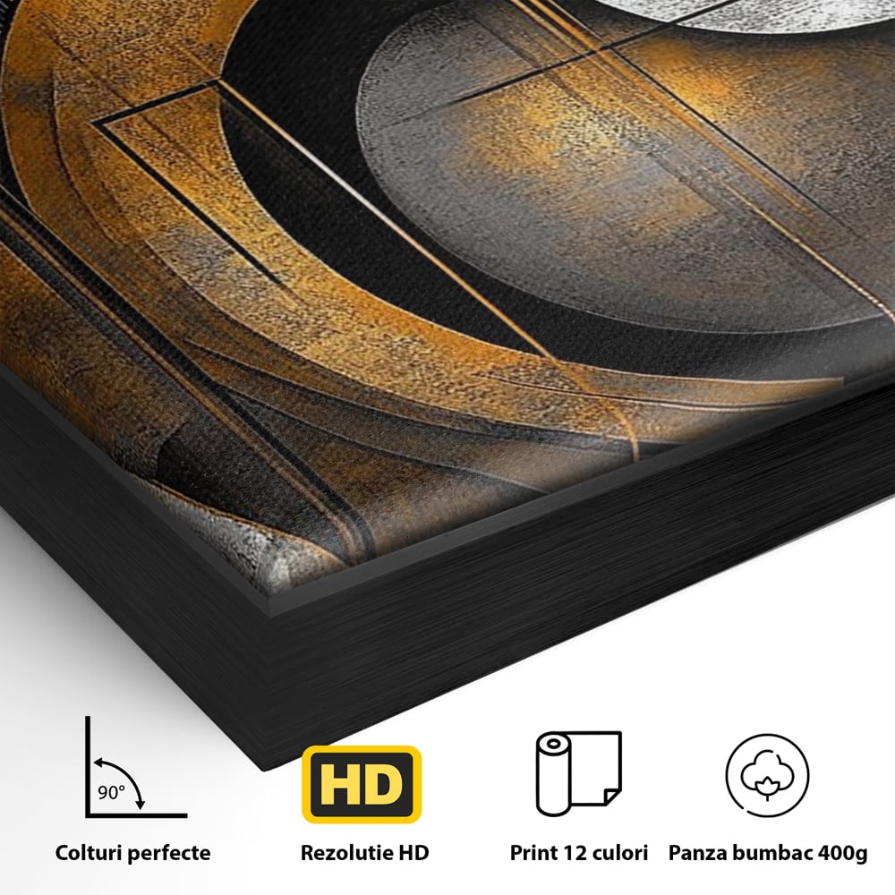 Detaliu al suprafetei: tablou canvas geometric cu cercuri aurii si gri, in rama de aluminiu negru
